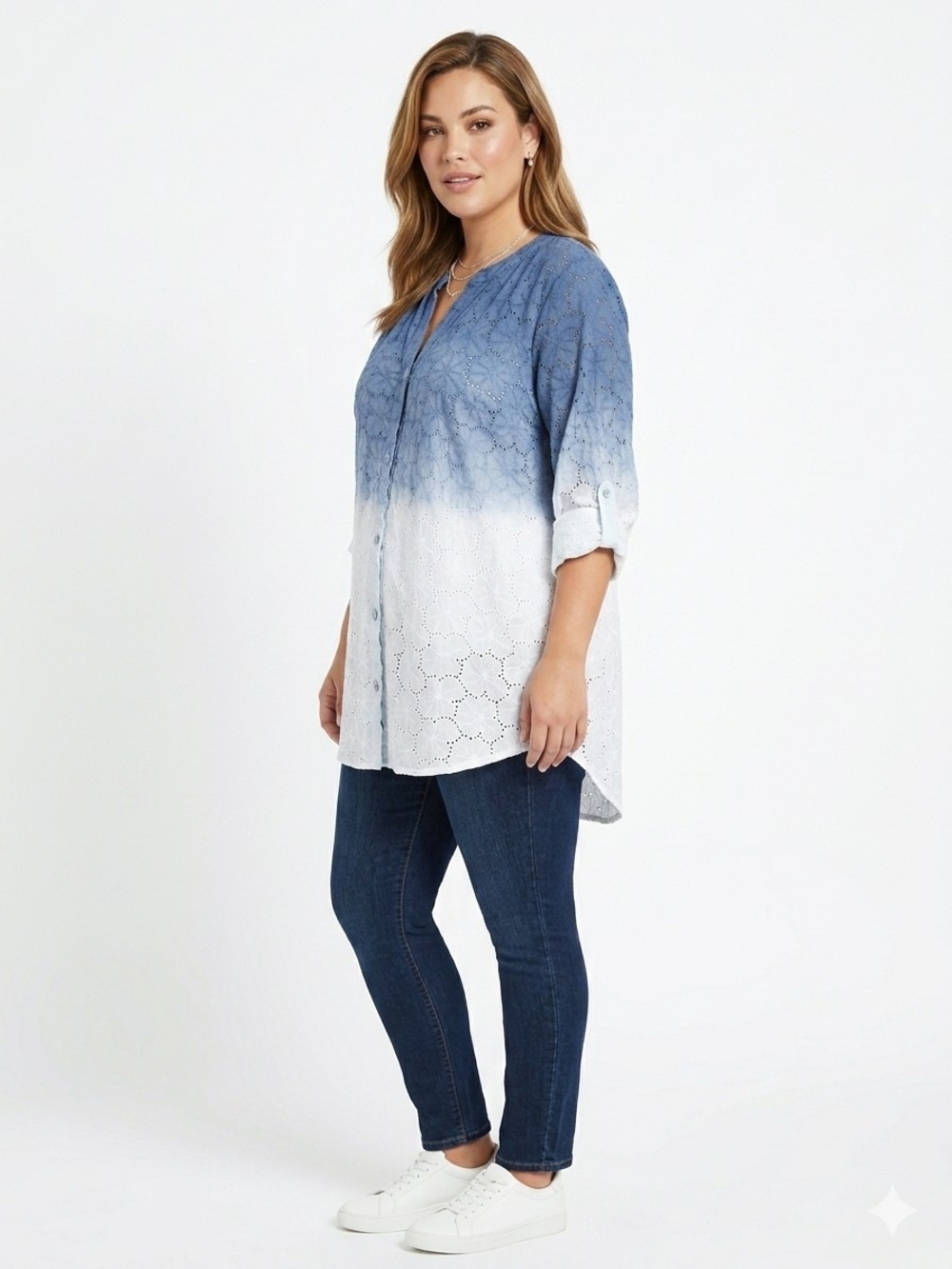 Cupio XL 100% Cotton Sheer Eyelet Floral Lace Ombre Tunic Top Roll Tab Sleeve